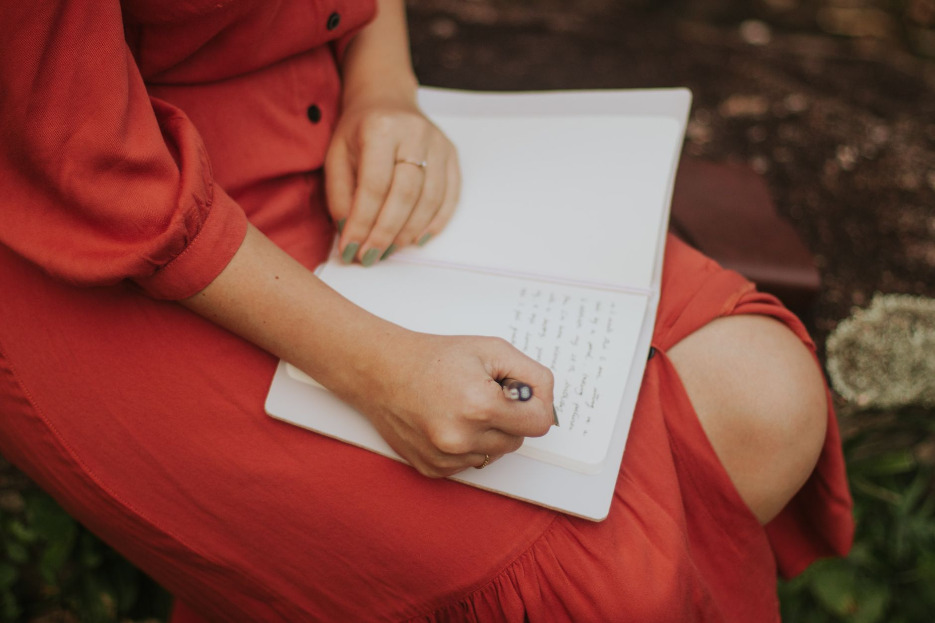 Travel writer documenting serene landscape in leather notebook