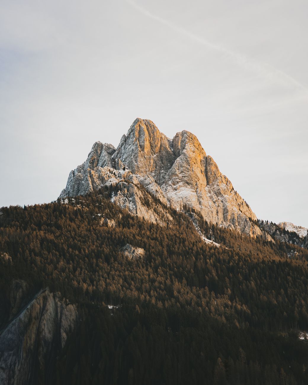 Jagged Alpine peak in the Dolomites during golden hour